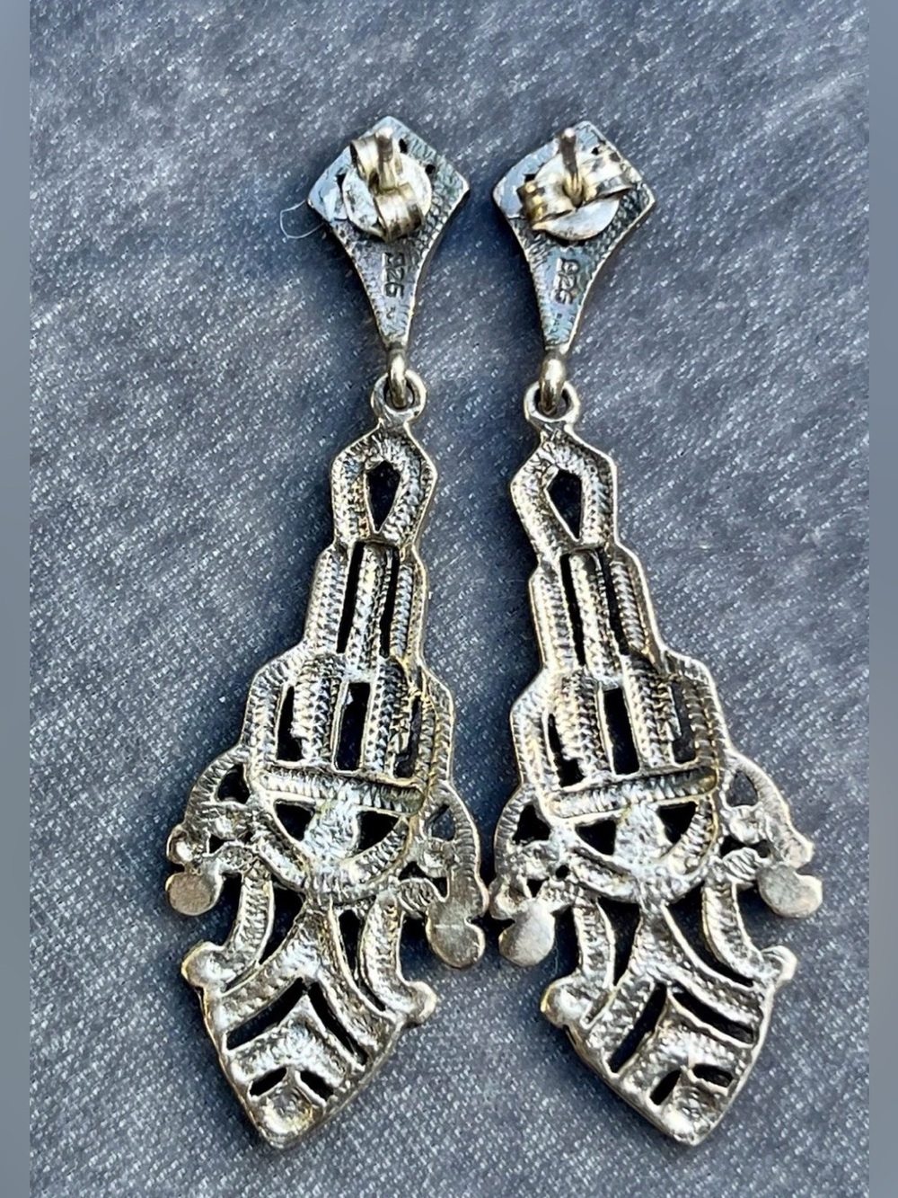 Vintage 925 Sterling Silver Marcasite Art Deco Drop Dangle Earrings - Picture 2 of 2